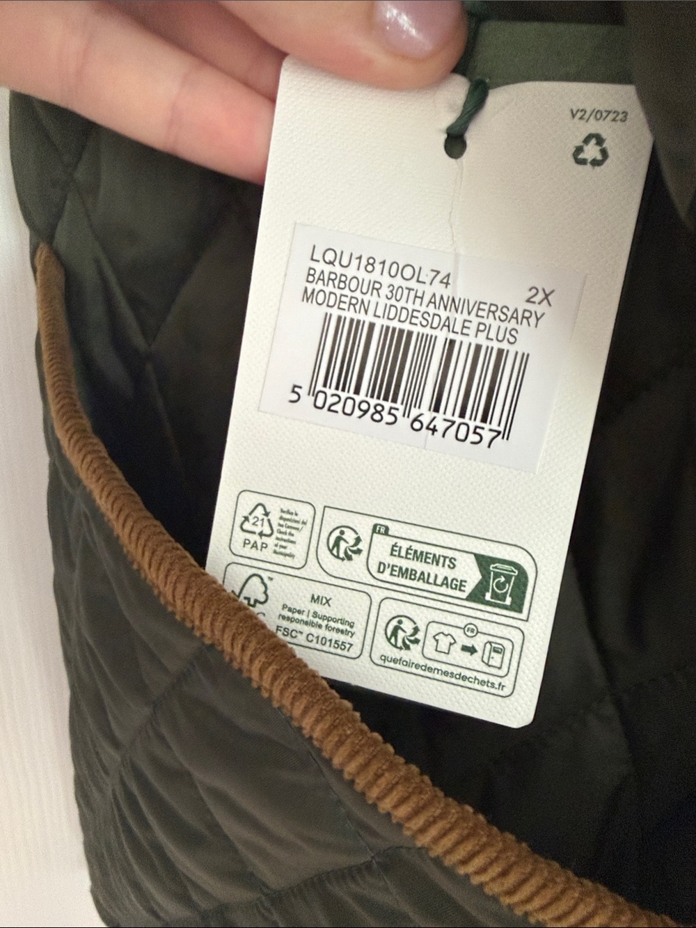 NWT Barbour Olive Quilted Jacket with Corduroy Collar - Picture 7 of 8